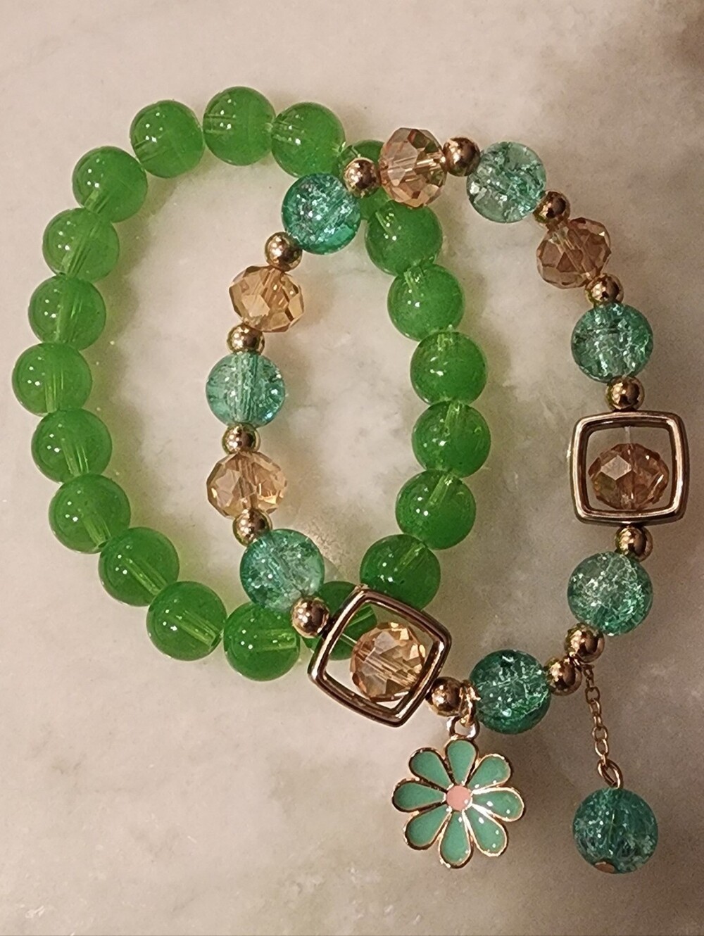 Green Beaded Bracelet Set with Gold Accents and Floral Charm-Stackables